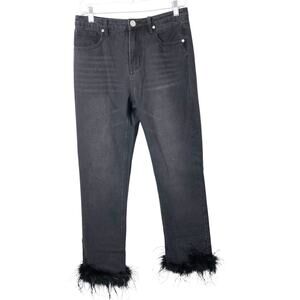 Boohoo Blue NWT Women's Feather Trim High Waist Straight Leg Black Jeans Size 6